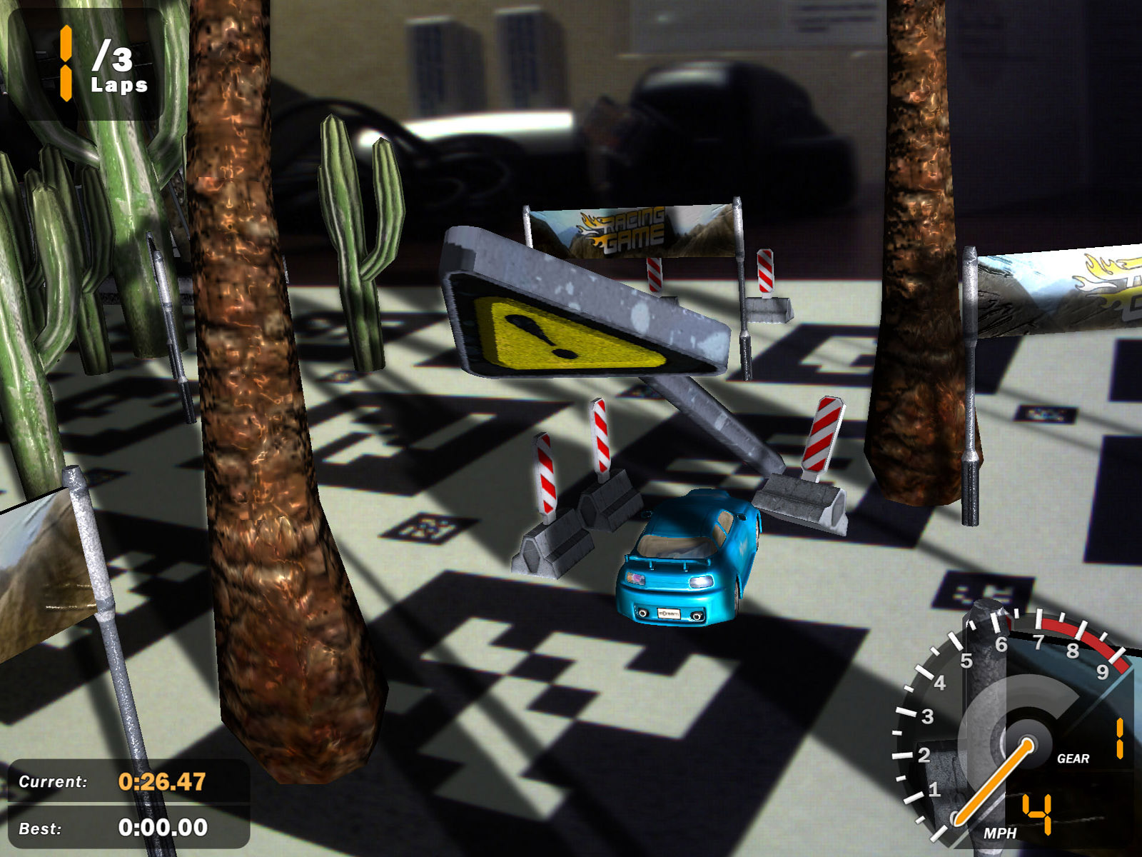 XNA AR Racing Game screenshot showing car knocking over traffic sign