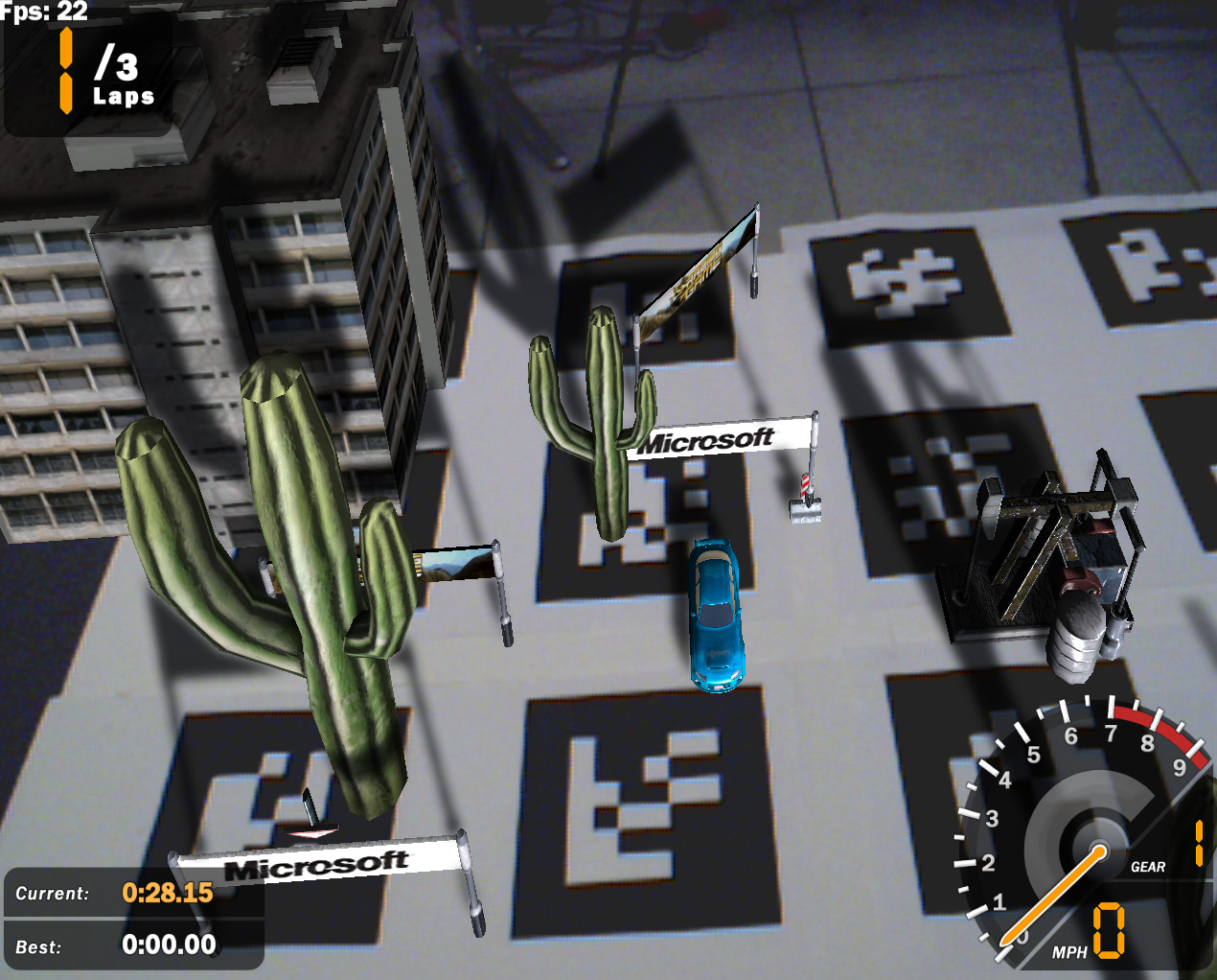 XNA AR Racing Game screenshot showing virtual objects on physical gameboard